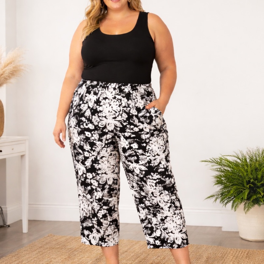 Christian Siriano 3X Floral Linen Blend Pants Cropped Elastic Waist Neutral Boho